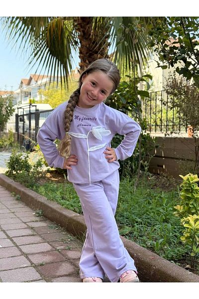 GÖKJOY BUTİK Premium Quality Embroidery and Rose Detail Girl's Tracksuit Set