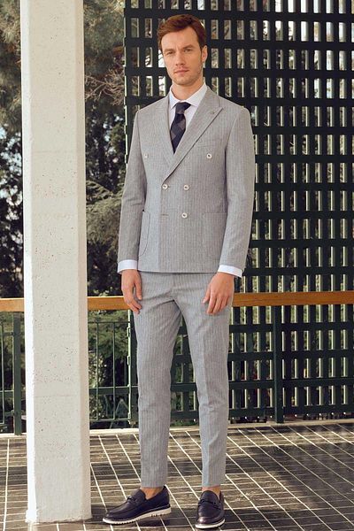 Morven Men's Blue Linen Trend Slim Fit Pointed Collar Suit