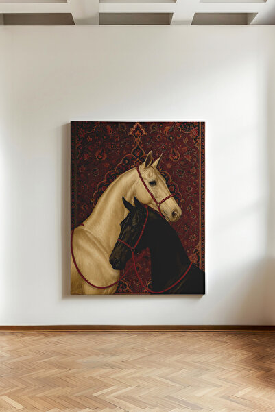 Kanvaspera İkili At Portresi - Kanvas Tablo - Kültürel, Halı Motifli Arka Pla...