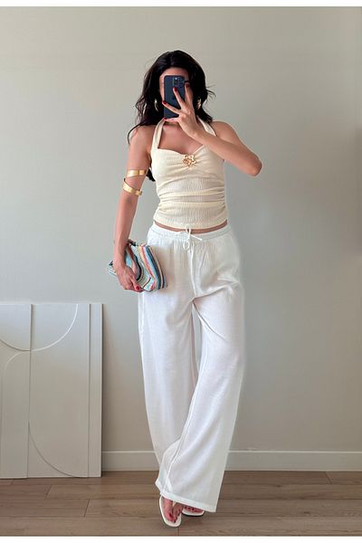LOCH BUTİK Women's Ecru Brooch Gathered Mini Bustier