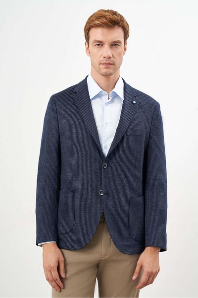 Morven Men's Navy Blue Knitted Slim Fit Bag Pocket Mono Collar Sports Jacket