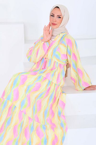 TOFİSA Buttoned Patterned Dress Pink - 27515
