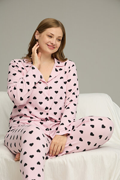 Siyah İnci Pink Patterned Large Size Oversized Shirt Collar Button Milan Knit...