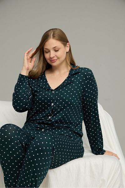 Siyah İnci Green Large Size Oversize Shirt Collar Button Milan Knitted Pajamas Suit25224340