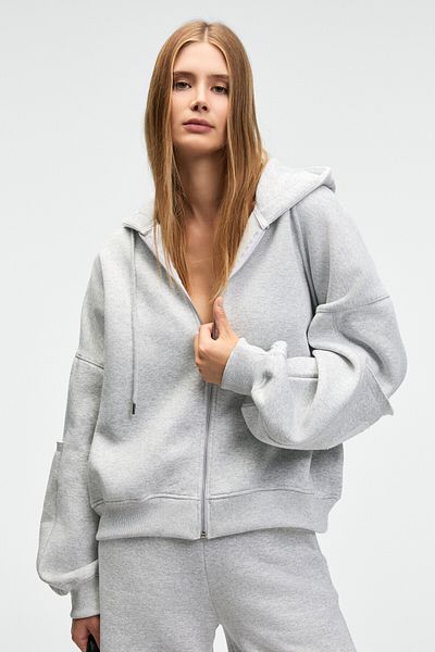 GRIMELANGE Vivienne Women's Metal Zipper Hooded Grimelange Sweatshirt with Ornamental Label and Pocket Detail on the Sleeve
