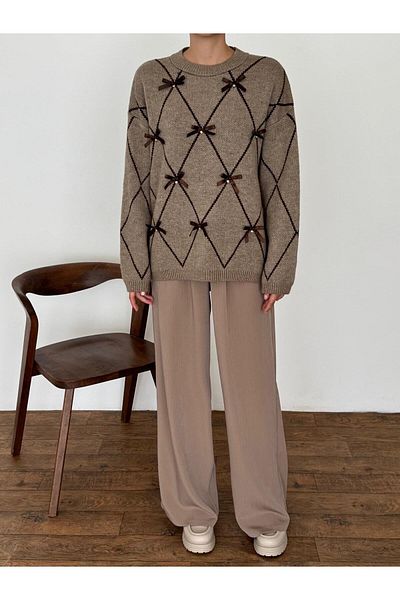 fujya Bow and Stone Detailed Patterned Oversize Knitwear Sweater Mink