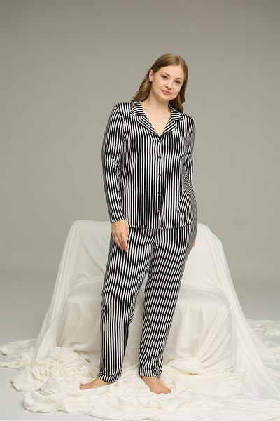Siyah İnci Black Patterned Large Size Oversized Shirt Collar Button Milan Knitted Pajamas Suit25224328