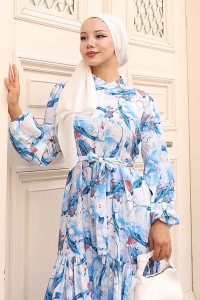 benguen Patterned Hijab Dress Navy Blue 577