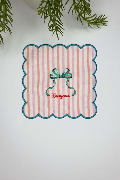 decofav Bonjour Pink Striped Bow Patterned Embroidery Edge Cocktail Napkin 1 Piece