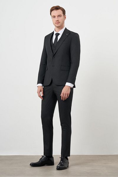 Morven Men's Black Polyviscon Trend Vest Striped Pattern Slim Fit Pointed Collar Suit