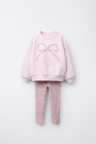 Magu Girls' Cotton Pink Bow Patterned Sweatshirt and Floral Patterned Leggings Set