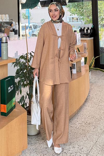 Tesettür Diyarı Vanilla Tie-Up Kimono Set
