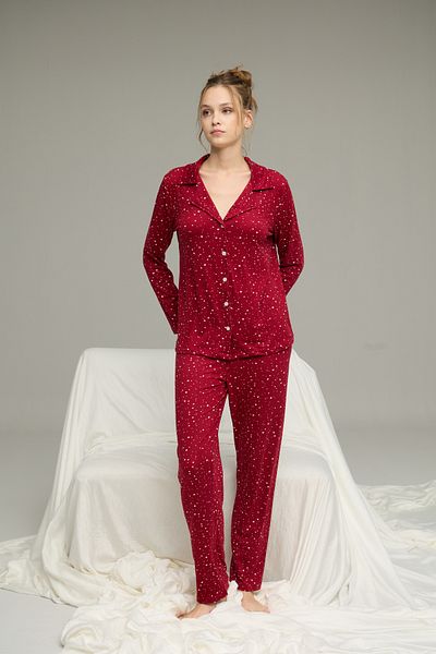 Siyah İnci Burgundy Star Patterned Shirt Collar Buttoned Milan Knitted Pajamas Suit25224019