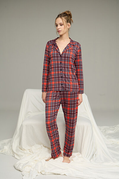 Siyah İnci Plaid Pattern Shirt Collar Button Milan Knitted Pajamas Suit25224021