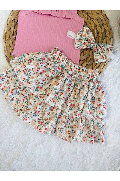 AKİF GİYİM Girl's Floral Flower Patterned Ruffle Skirt Bluz Bandana Set