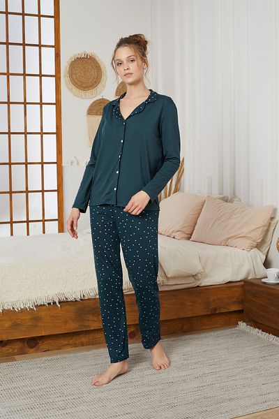Siyah İnci Petrol Points Patterned Shirt Collar Buttoned Milan Knitted Pajamas Suit25224003