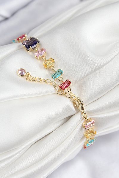 SeyCey.co Brass Colored Zircon Stone Row Rectangular Model Gold Color Women's Bracelet