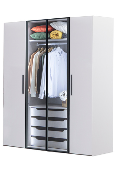 benim odam Diva 4 Kapaklı Beyaz Dolap 7 Raflı Gizli Çekmeceli Cam Kapaklı Gen...