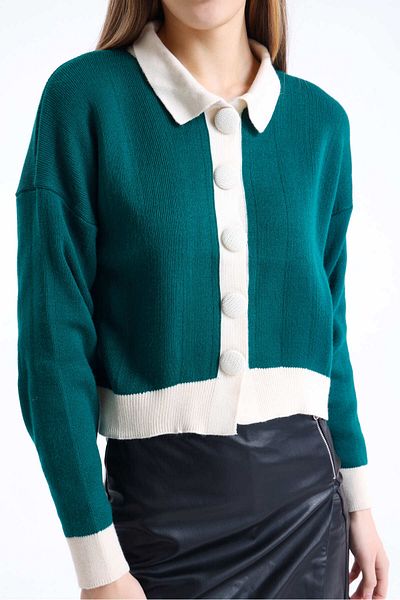 sole stories Women's Contrast Detail Long Sleeve Polo Neck Knitwear Cardigan