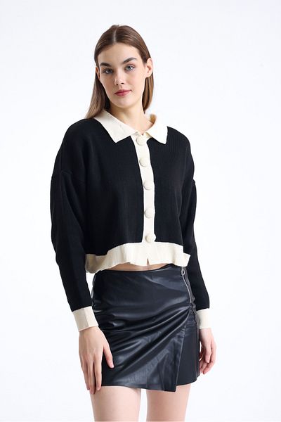 sole stories Women's Contrast Detail Long Sleeve Polo Neck Knitwear Cardigan