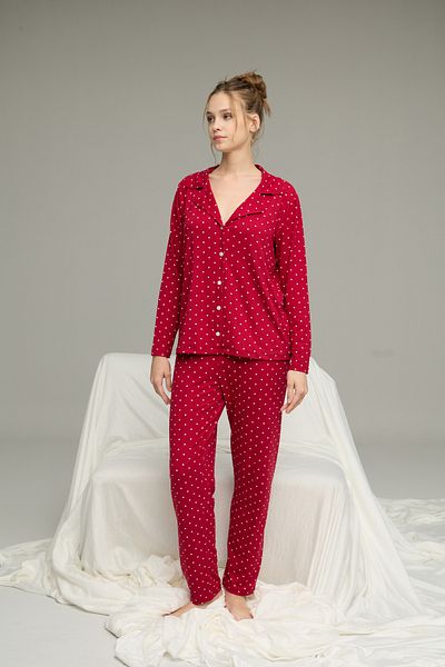 Siyah İnci Red Points Pattern Shirt Collar Button Milan Knitted Pajamas Suit25224016