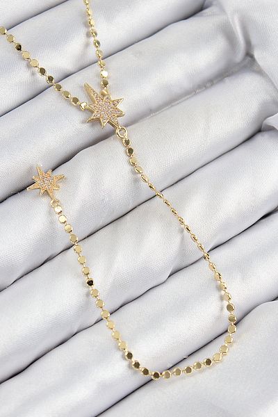 SeyCey.co Brass Zircon Stone Crushed Chain Pole Star Model Gold Color Y Necklace