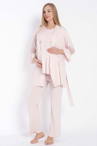 İpeksi Short Sleeve Crew Neck Women's Viscose Lace Detailed Maternity Pajama Set Dressing Gown