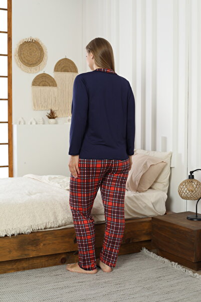 Siyah İnci Navy Blue Patterned Large Size Battal Size Shirt Collar Buttoned Milan Knitted Pajamas Suit25224308