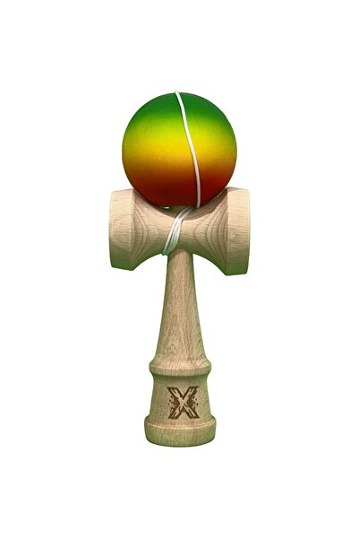 Flippy Kendama X original, jucărie profesională, Flippy, minge din lemn și cauciuc, 18 cm, verde-galben-roșu degradat