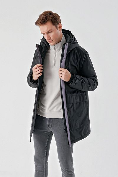 Morven Men's Black Polyester Snap-Up Hooded Coat