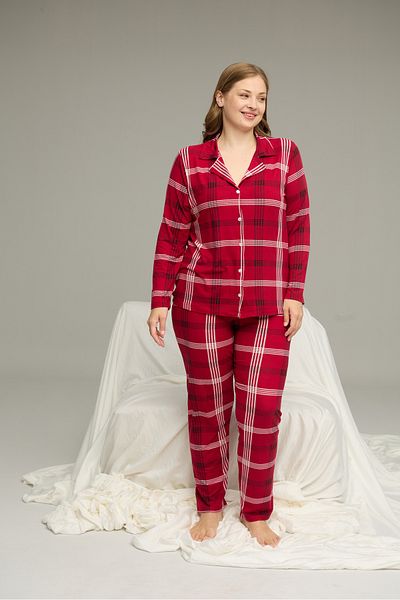 Siyah İnci Plaid Pattern Large Size Oversized Shirt Collar Button Milan Knitted Pajamas Suit25224325