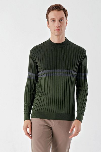 Morven Men's Khaki Trend Paneled Bato Collar Dynamic Fit Comfortable Cut Knitwear