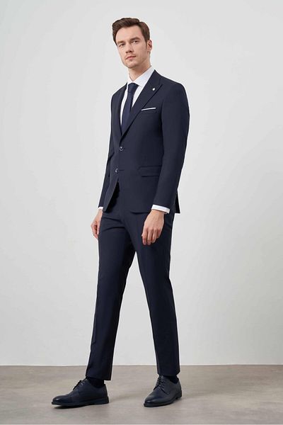 Morven Men's Navy Blue Wool Platinum Plain Pattern Slim Fit Pointed Collar Suit