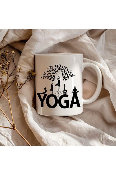 BB TRADE Yoga Designed White Ceramic Printed Mug Cup 330ml