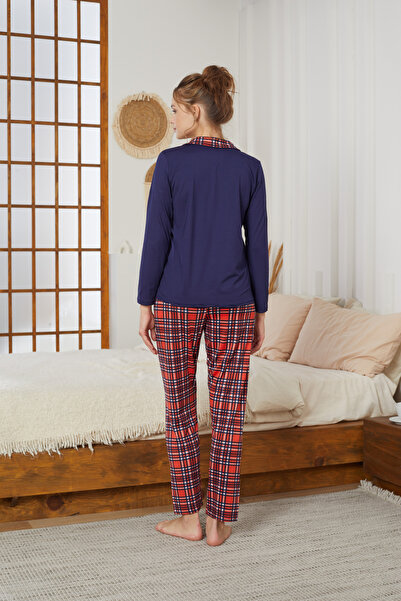 Siyah İnci lacivert ekose Desenli Gömlek Yaka Düğmeli Milan Örme Pijama Takım25224004