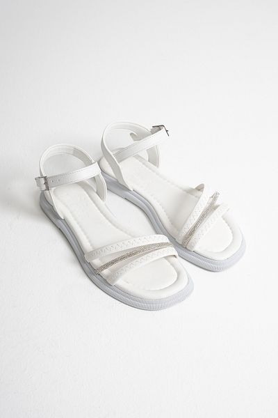 Nexs Women's Single Stripe Stone Ankle Strap Flat Sole White Sandals