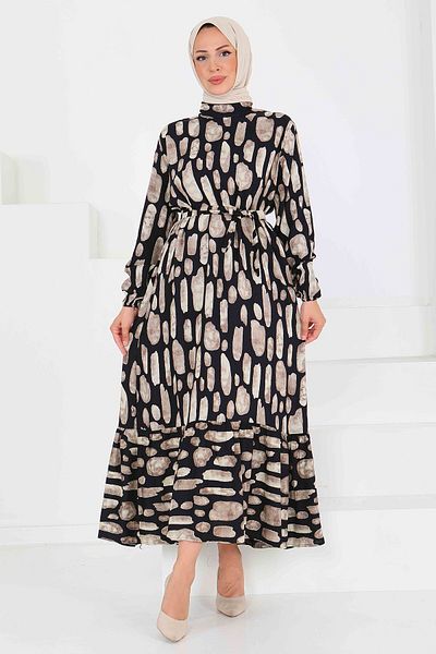 TOFİSA Patterned Belted Dress Beige - 27519