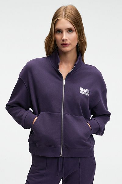 GRIMELANGE Torina Women's Embroidery Detailed Zippered Double Pocket Relax Purple Jacket