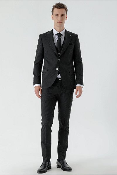 Morven Men's Black Polyviscon Trend Vest Striped Pattern Slim Fit Pointed Collar Suit