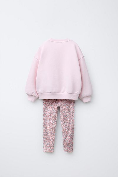 Magu Girls' Cotton Pink Bow Patterned Sweatshirt and Floral Patterned Leggings Set