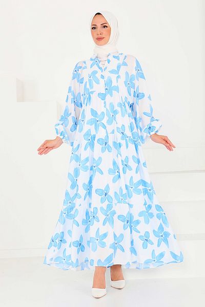 TOFİSA Buttoned Patterned Dress Blue - 27514