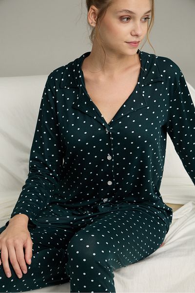 Siyah İnci Petrol Points Patterned Shirt Collar Buttoned Milan Knitted Pajamas Suit25224035