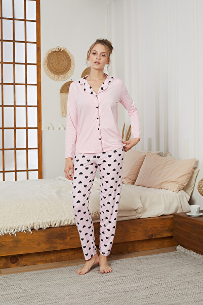 Siyah İnci Pink Heart Pattern Shirt Collar Button Milan Knitted Pajamas Suit25224009