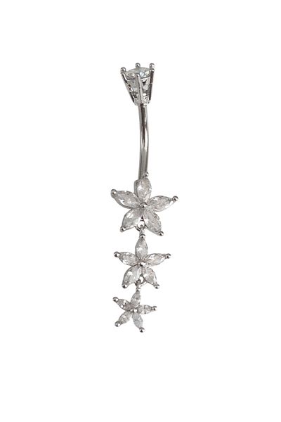 Siya Silver Zircon Stone 3 Row Flower Steel Navel Piercing - 4.5 cm