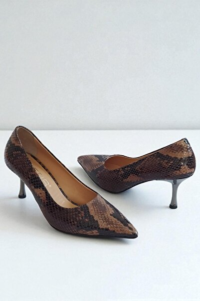 ERS Air Comfort Snake Patterned Genuine Leather Brown Stiletto – 7 cm Metal Heel Pointed Toe Shoes