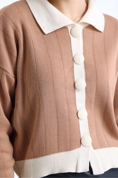 sole stories Women's Contrast Detail Long Sleeve Polo Neck Knitwear Cardigan