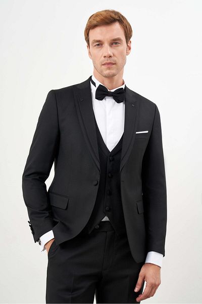 Morven Men's Black Polyviscon Ceromonia Jacquard Pattern Slim Fit Pointed Collar Groom Suit