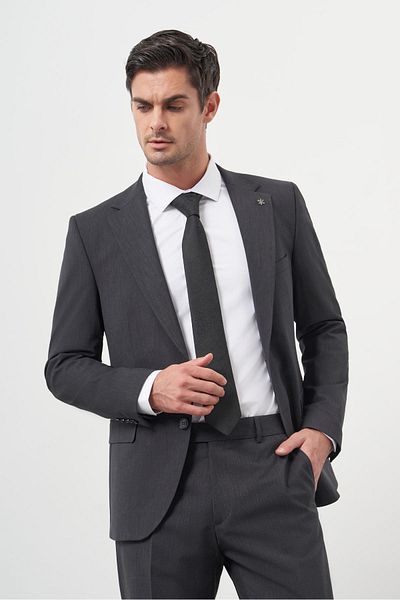 Morven Men's Anthracite Wool Slim Fit Mono Collar Suit