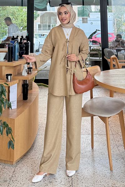 Tesettür Diyarı Vanilla Tie-Up Kimono Set
