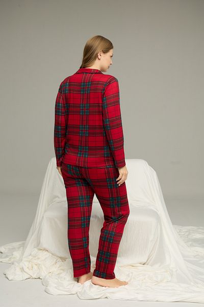 Siyah İnci Plaid Pattern Large Size Oversized Oversized Shirt Collar Button Milan Knitted Pajamas Suit25224321